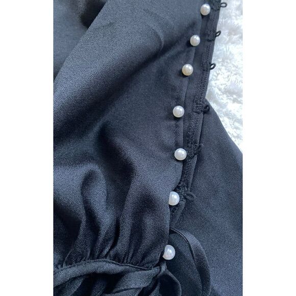 Shein Pearl Beaded Drawstring Cuff lantern Long Sleeve blouse top - Picture 5 of 5